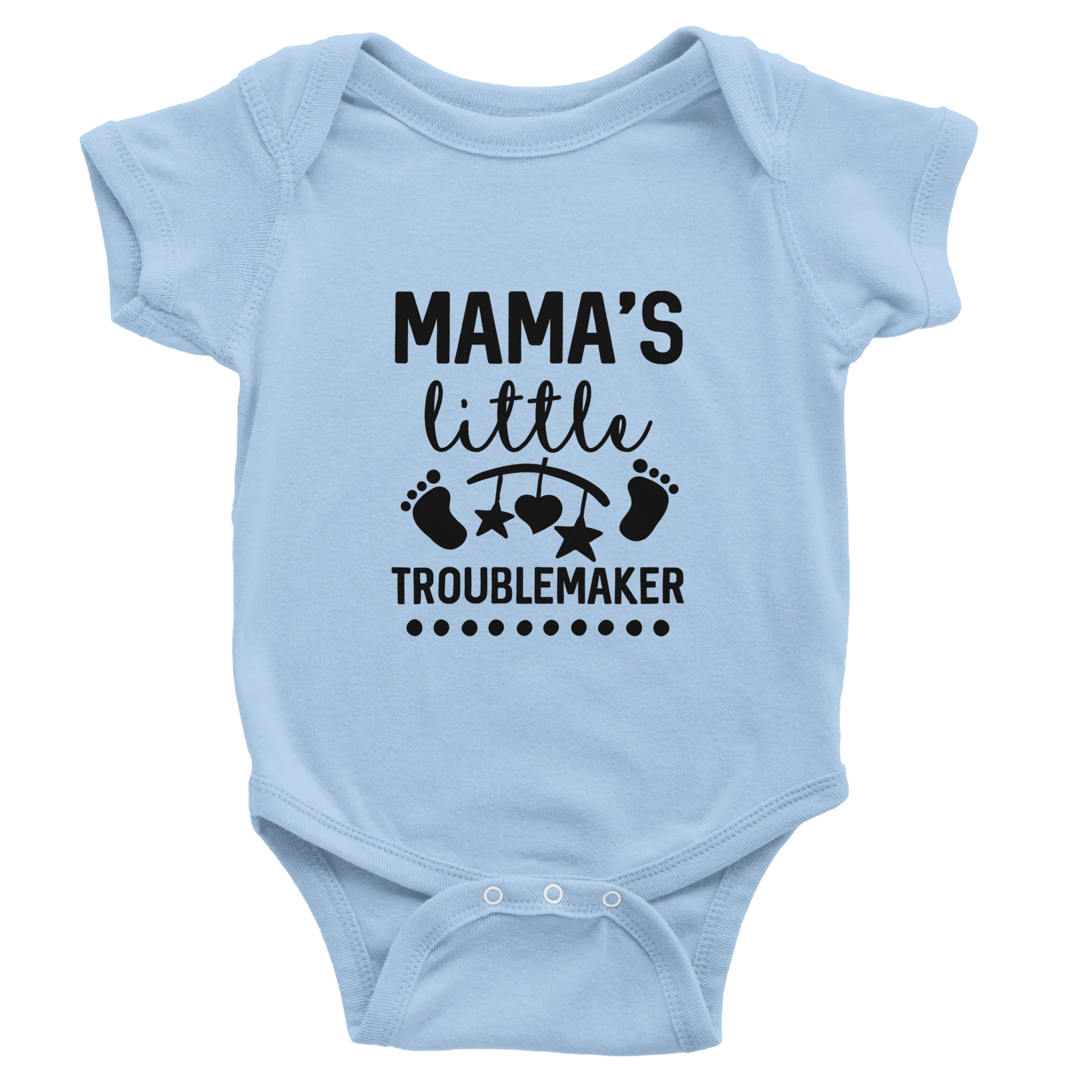 Light blue baby onesie with black text 'Mama's little troublemaker' on a white background
