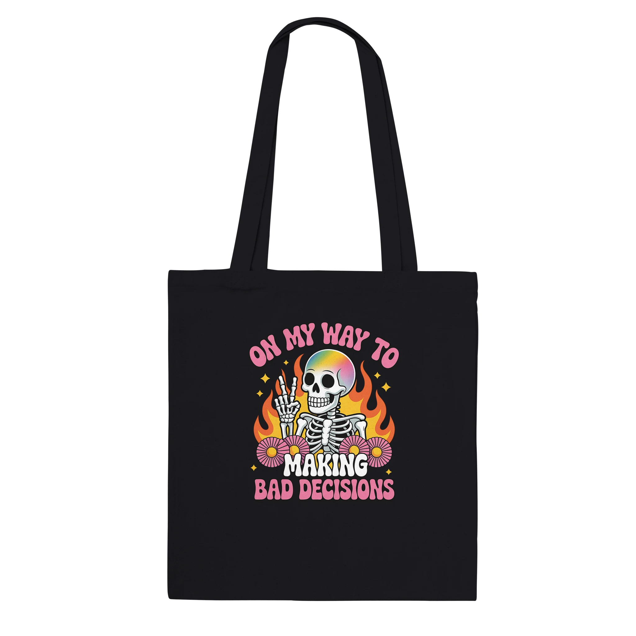 Black tote bag with colorful graphic design on a white background