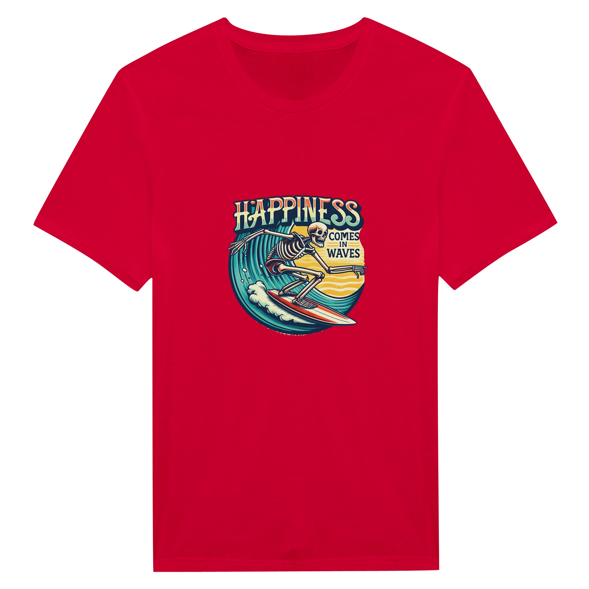 Red t-shirt with a graphic design featuring a skeleton surfing and the text 'Happiness Comes in Waves' on a white background.