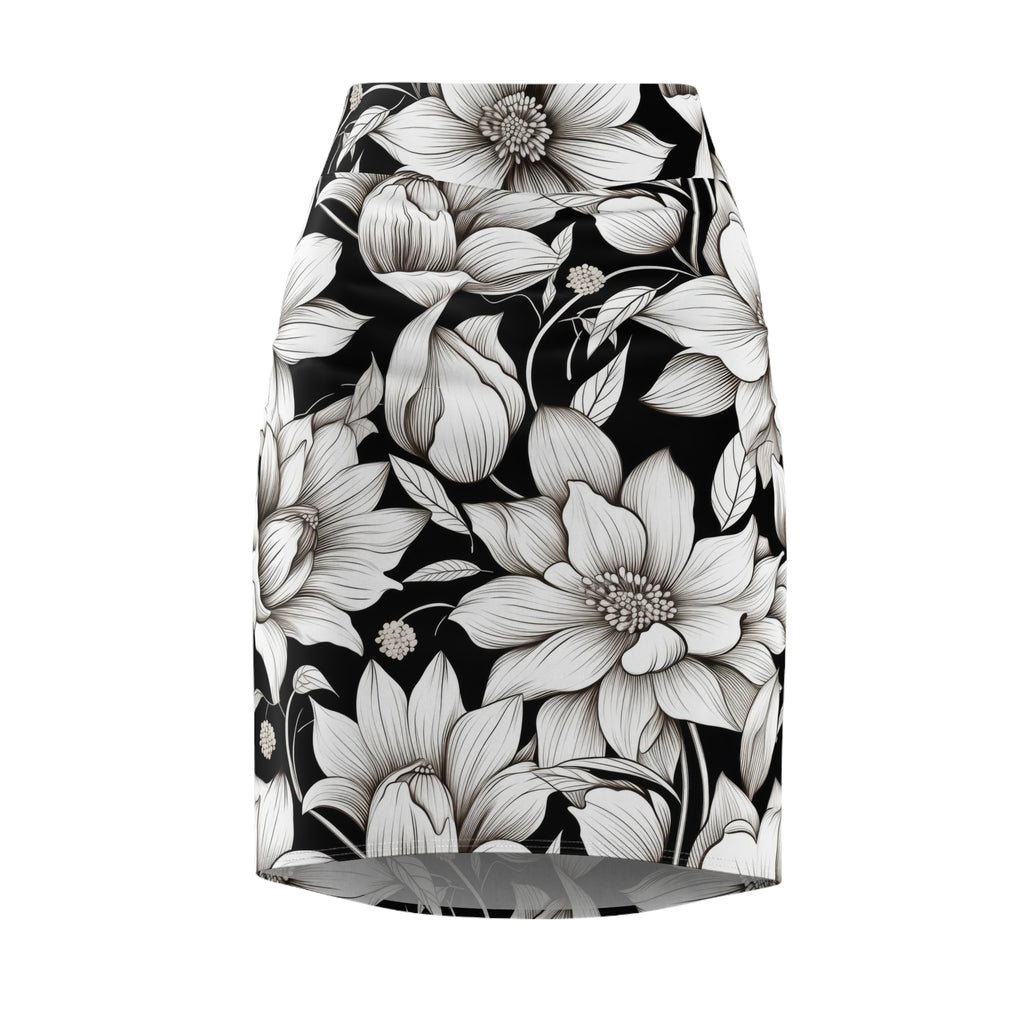 A black pencil skirt featuring a large-scale white and gray floral print, shown against a plain white background.