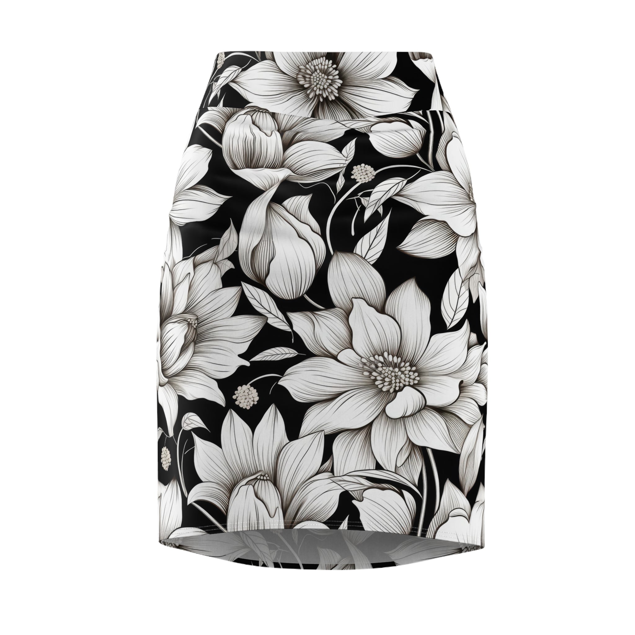 A black pencil skirt featuring a large-scale white and gray floral print, shown against a plain white background.