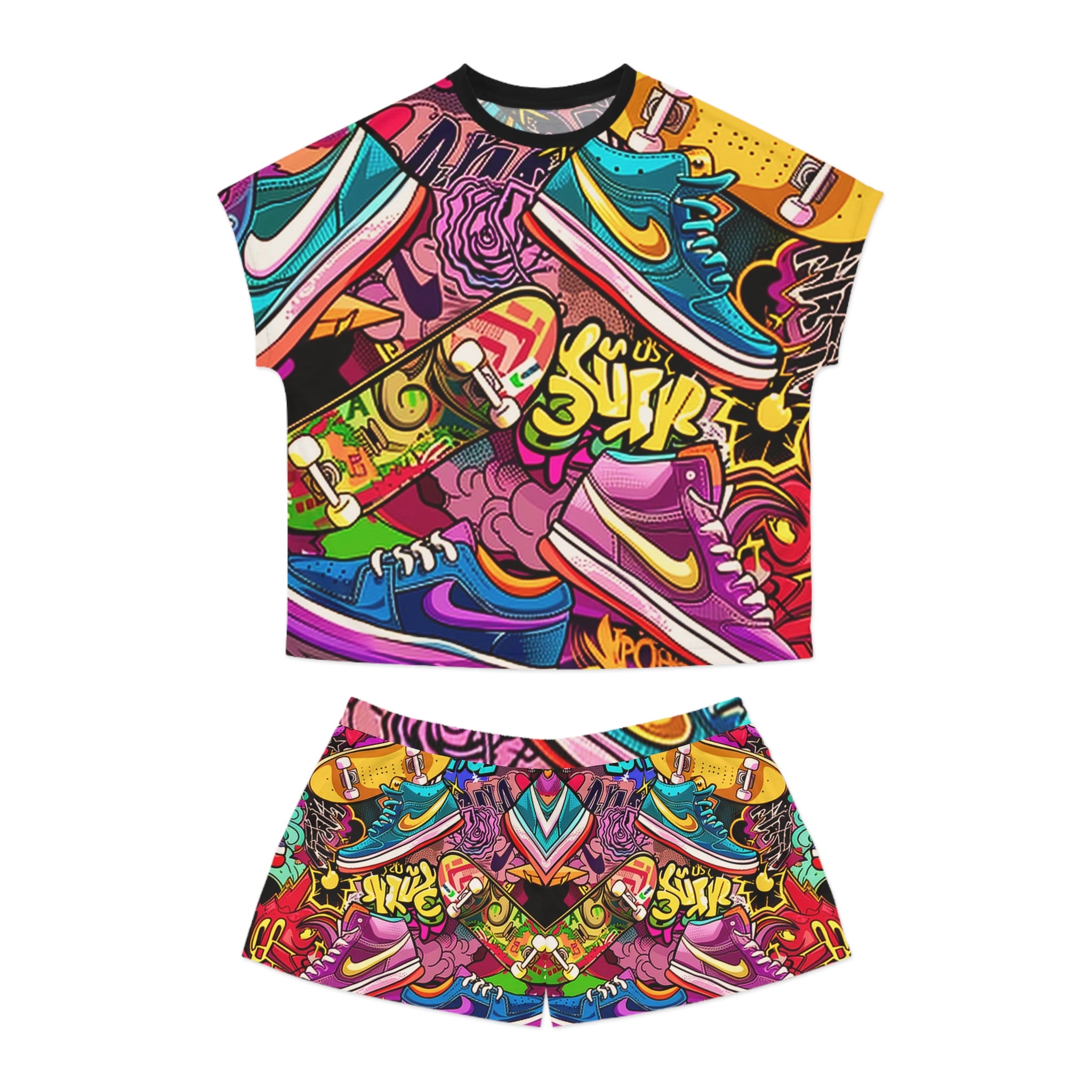 A two-piece kids' outfit set featuring a short-sleeve crop top and matching shorts, both covered in a vibrant, multicolor graffiti-style graphic print with illustrated sneakers, roses, and spray paint elements.