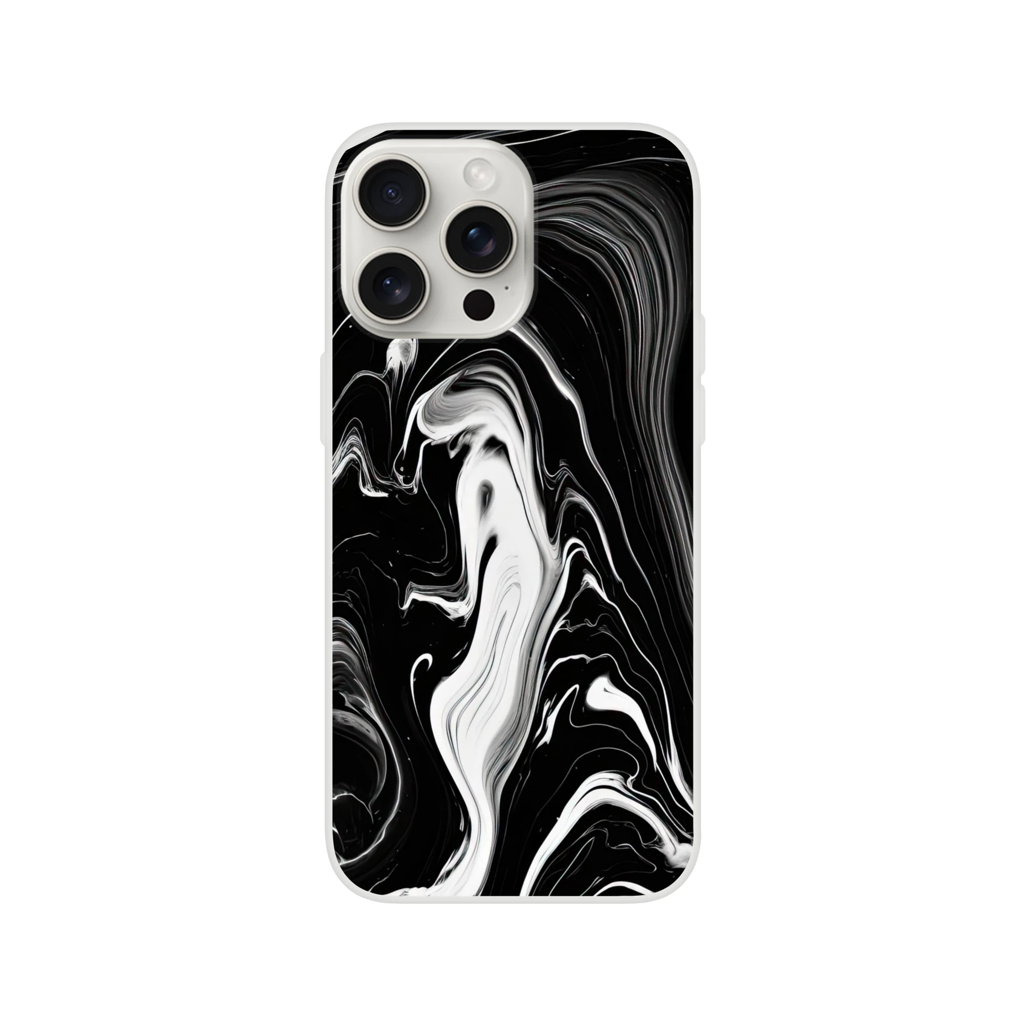 Phone case with black and white marble pattern on a white background