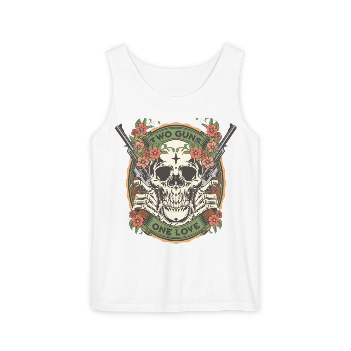 A white sleeveless tank top featuring a vintage-style graphic of a skull holding two crossed rifles, surrounded by red flowers and green banners that read 'TWO GUNS' and 'ONE LOVE'.