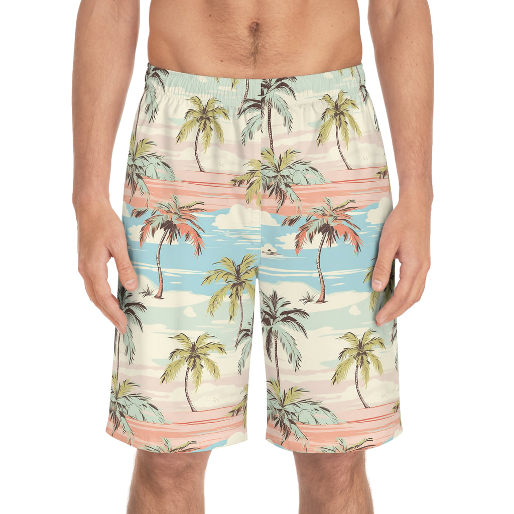 Tropical beach-themed shorts worn by a person on a white background
