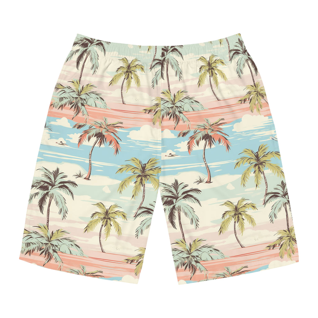 Tropical beach-themed shorts with palm tree and sunset design on a white background