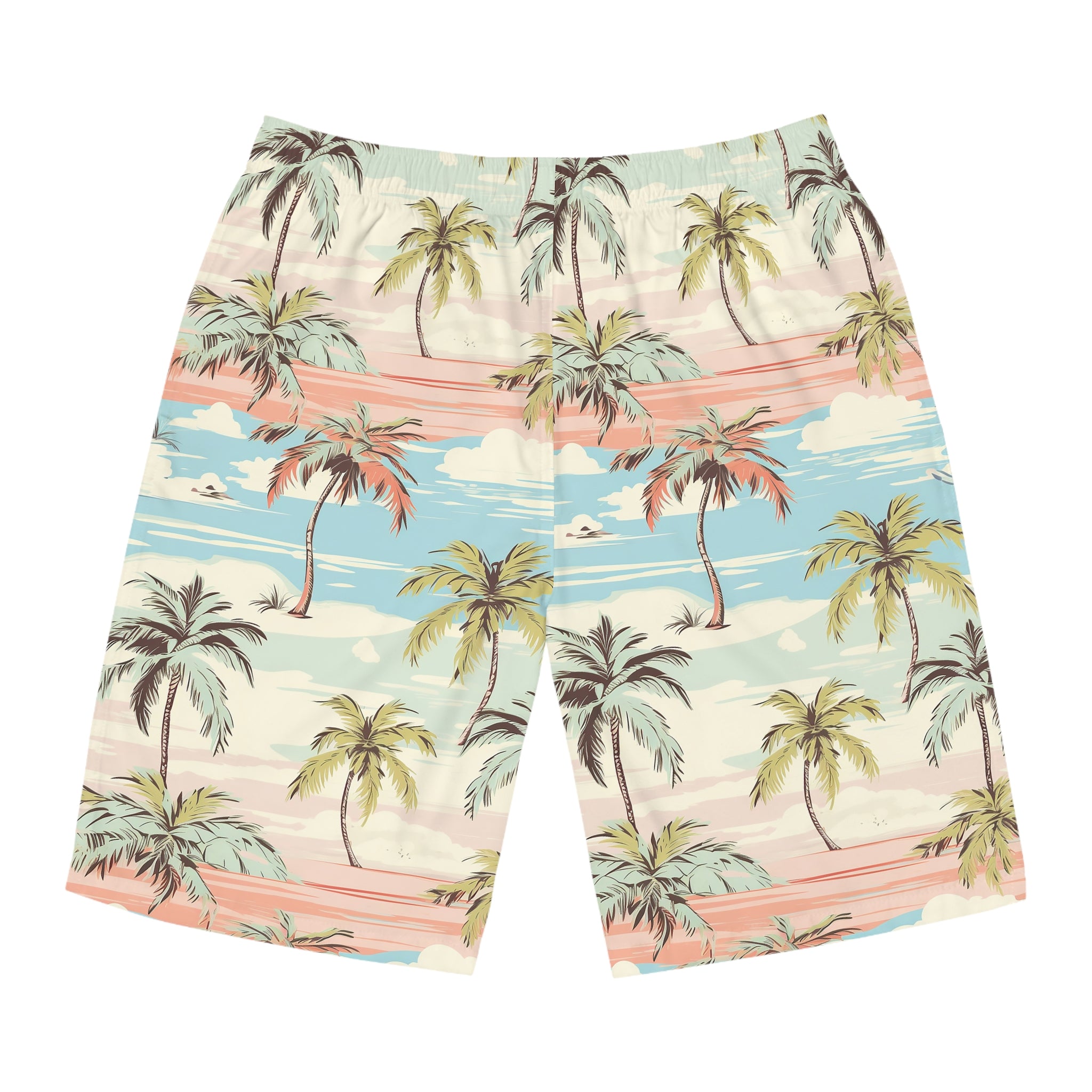 Tropical beach-themed shorts with palm tree and sunset design on a white background
