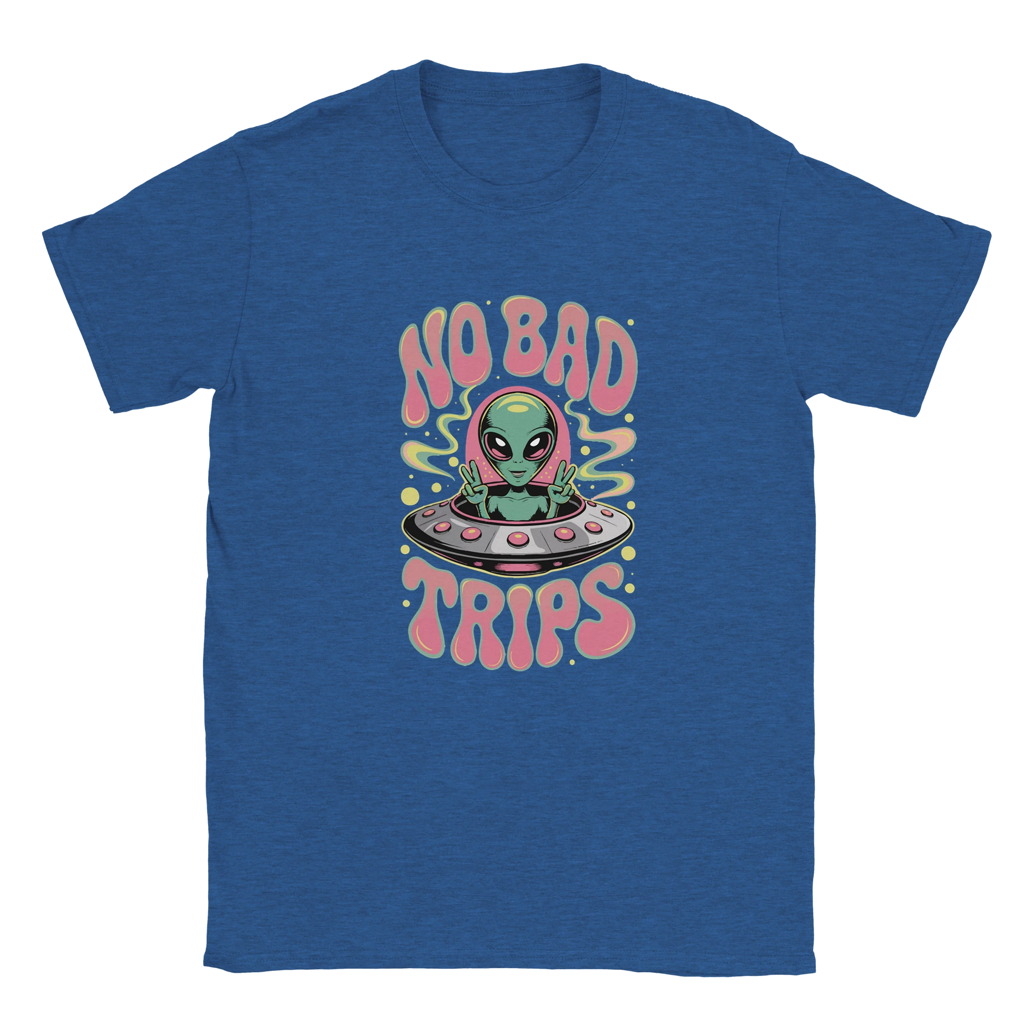 Blue t-shirt with alien graphic and 'No Bad Trips' text on a white background