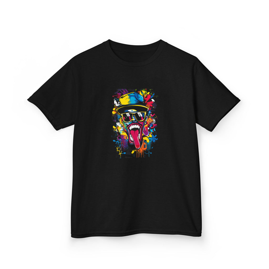 Black t-shirt with a colorful graphic design on a white background