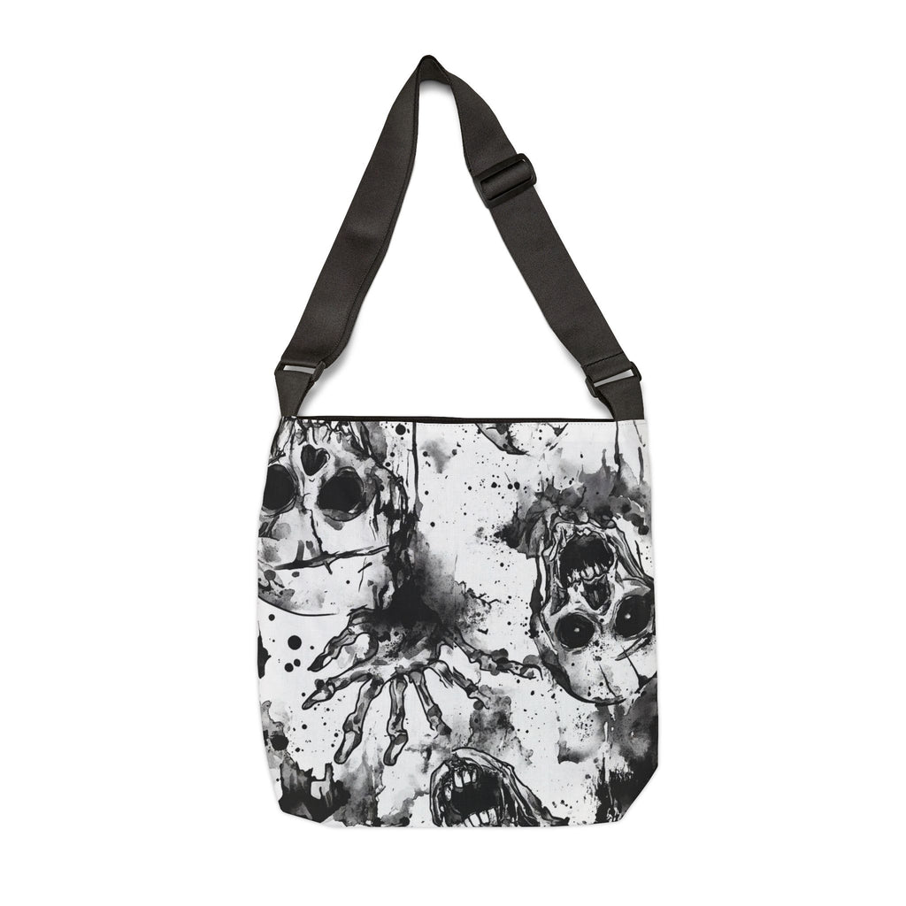 Black and white patterned bag with a strap on a white background