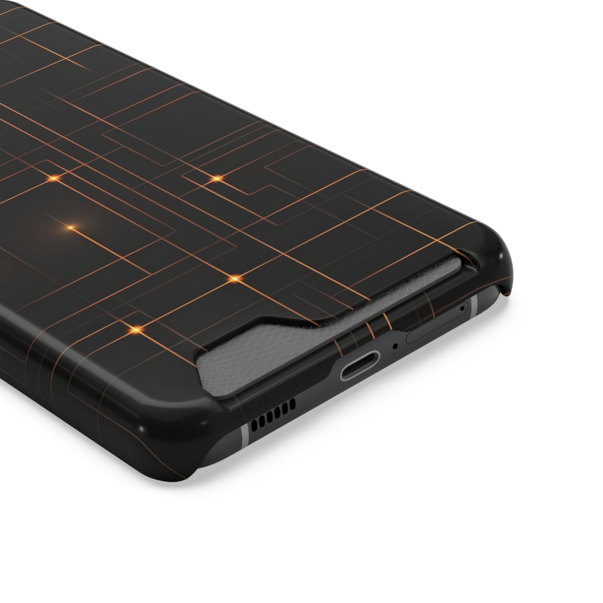 Black phone case with orange lines on a white background