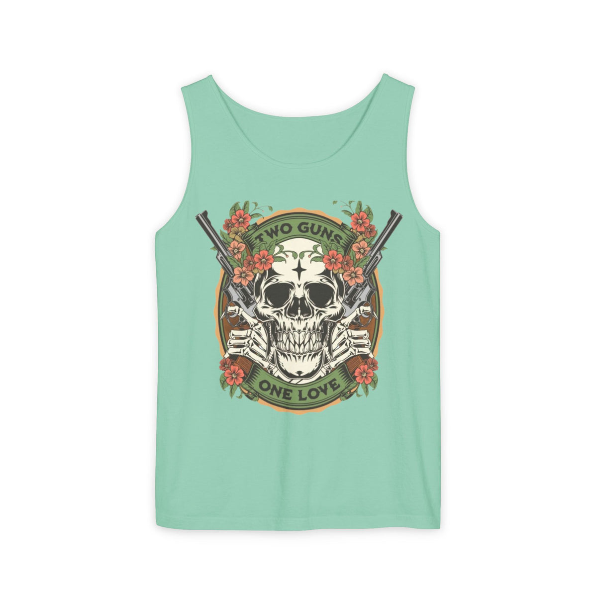 A mint green sleeveless tank top featuring a graphic print of a skull holding two crossed rifles, surrounded by red flowers and the text 'TWO GUNS ONE LOVE' on a white background.