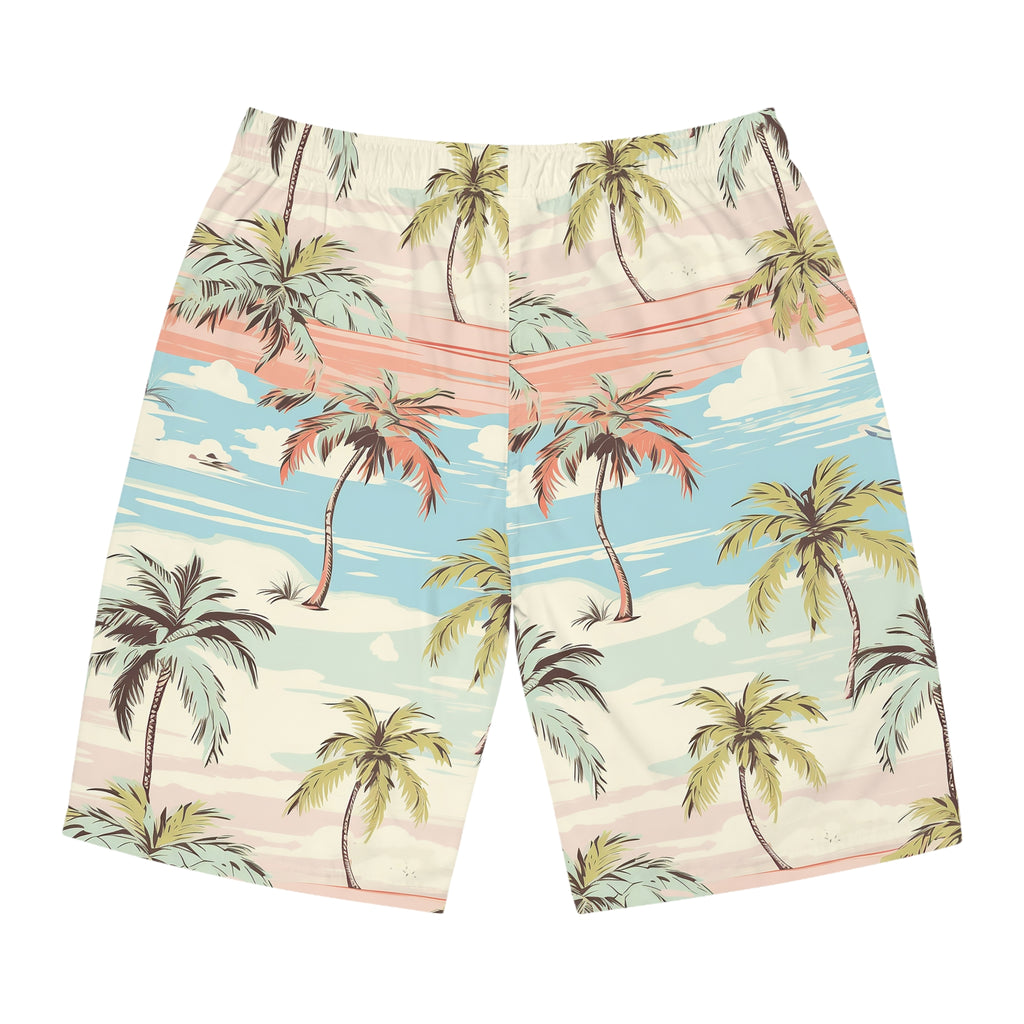 Tropical beach-themed shorts with palm trees and a sunset design on a white background