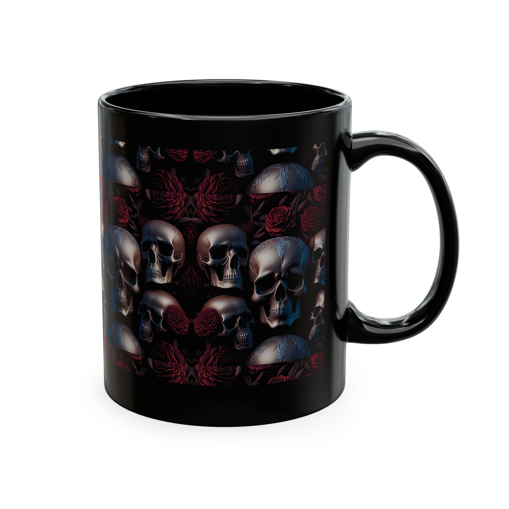 A glossy black ceramic mug with a green gothic-style font text reading 'forest' on the side, shown against a plain white background.