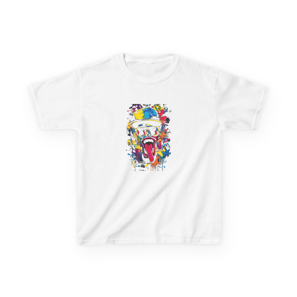 White t-shirt with a colorful graphic design on a white background