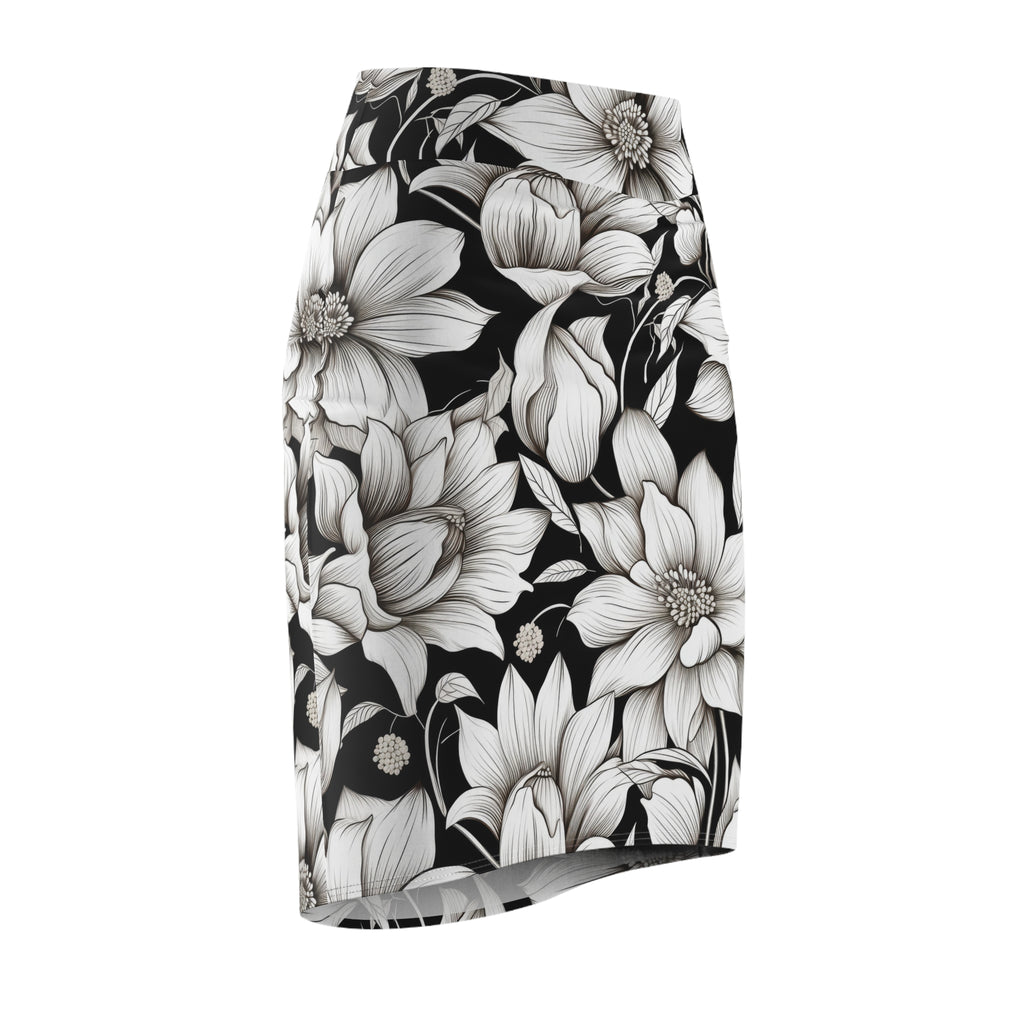 A black pencil skirt featuring a large-scale black and white floral print, shown against a plain white background.