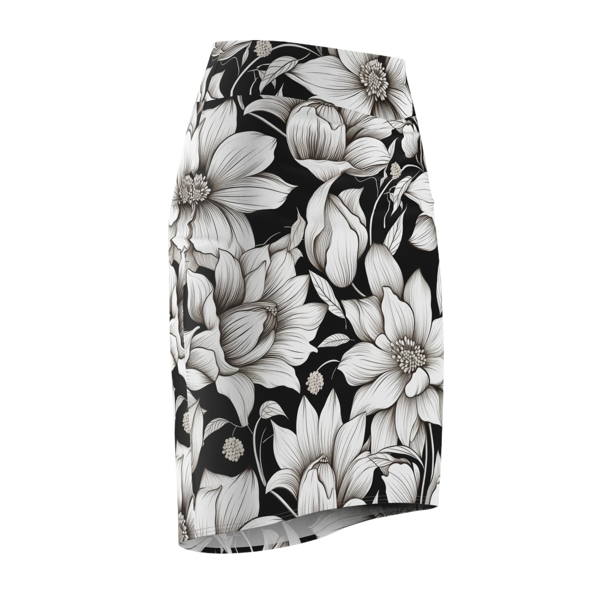 A black pencil skirt featuring a large-scale black and white floral print, shown against a plain white background.