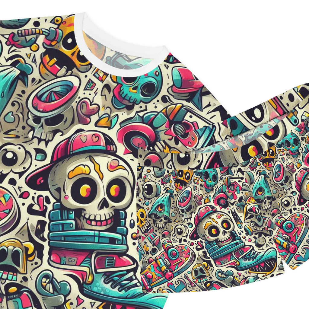 A short-sleeve crewneck t-shirt featuring an all-over colorful graphic print of cartoon skulls, sneakers, hearts, and graffiti-style doodles on a light beige background.