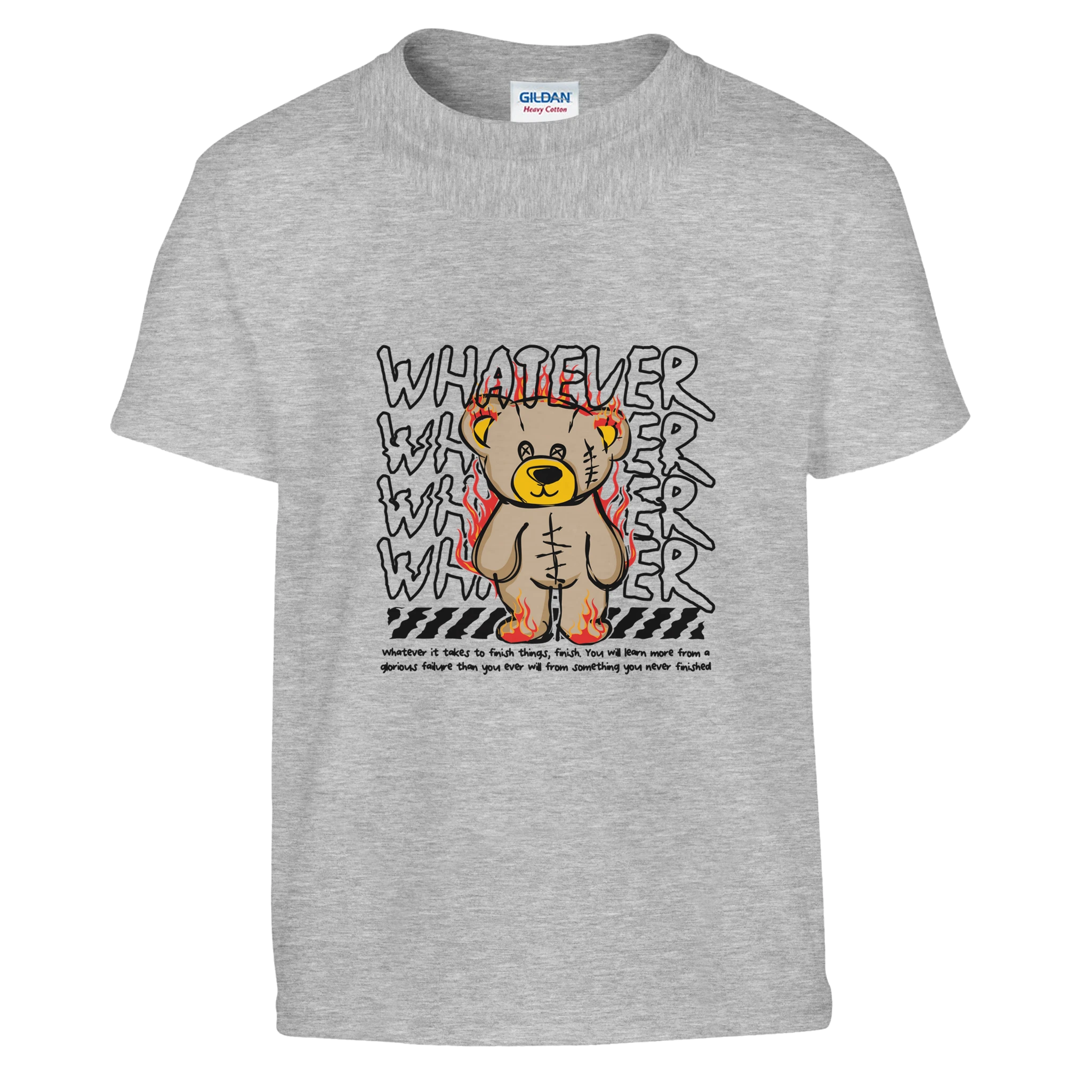 Gray t-shirt with a teddy bear graphic and text on a white background