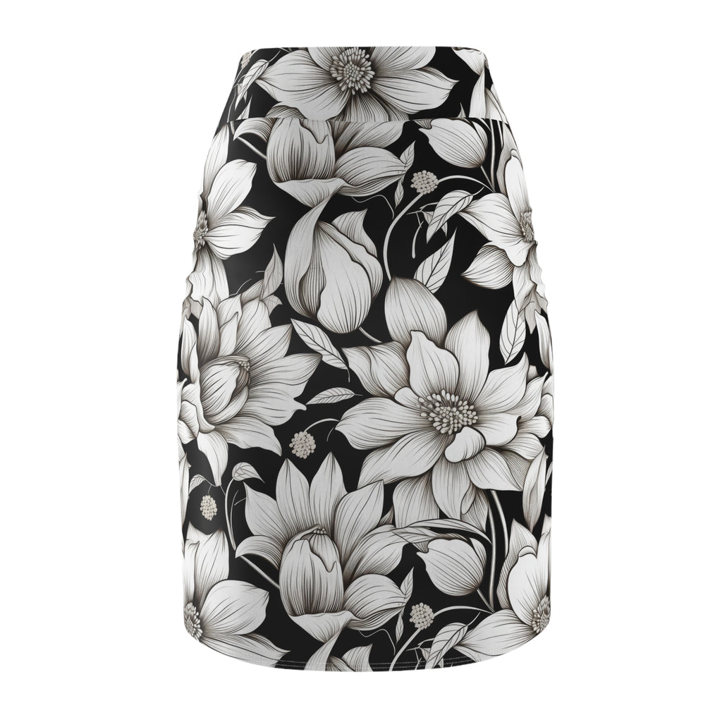 A black pencil skirt featuring a large-scale white and gray floral print, shown against a plain white background.