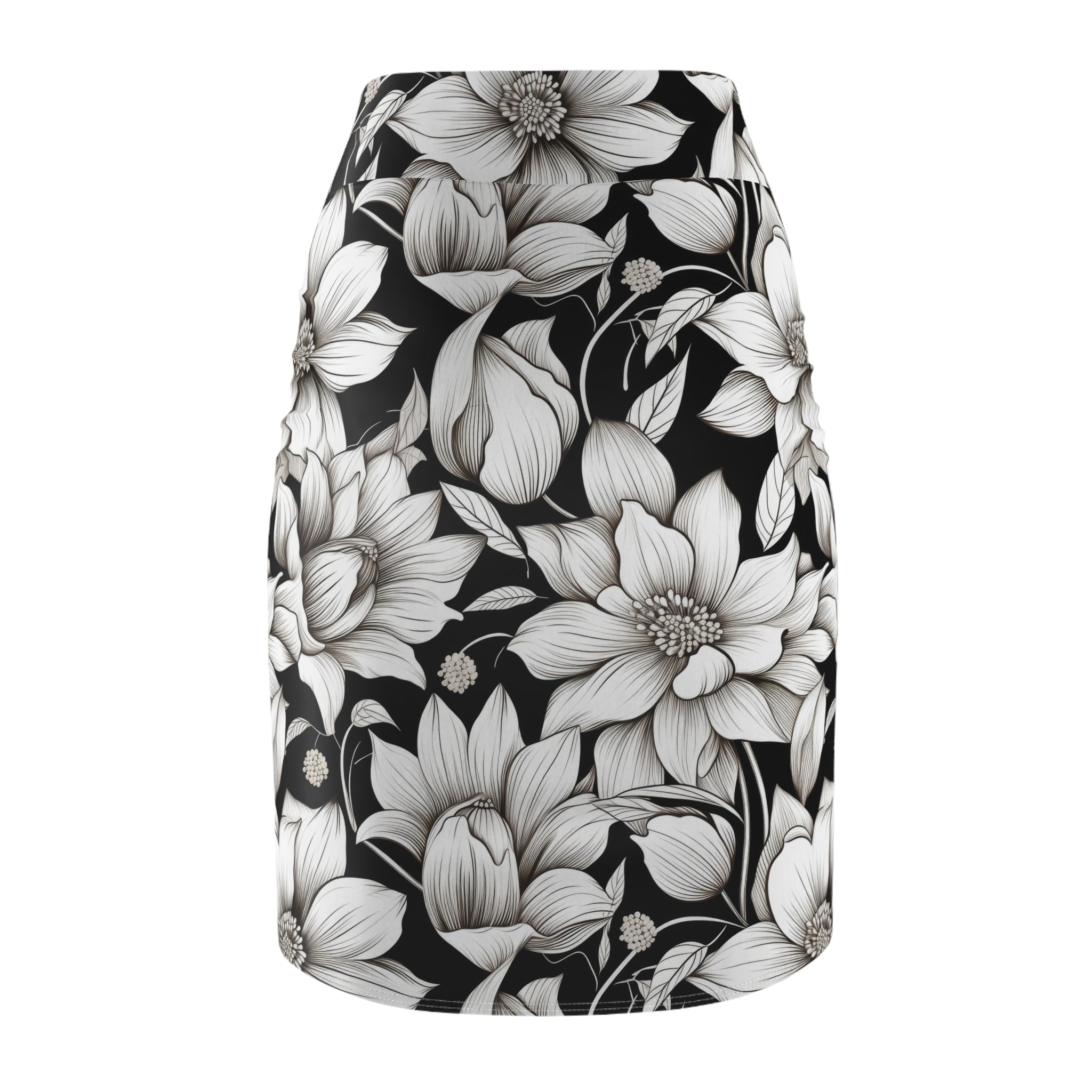 A black pencil skirt featuring a large-scale white and gray floral print, shown against a plain white background.