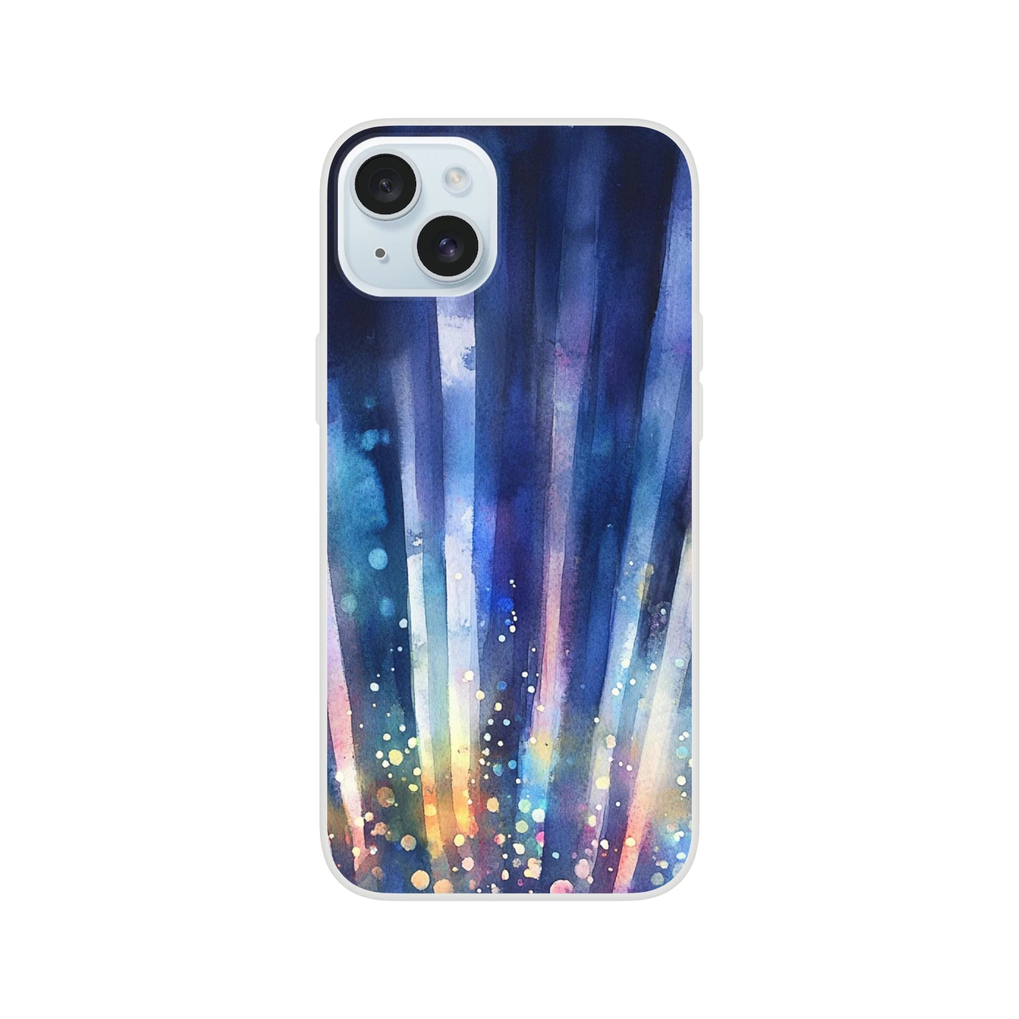 Phone case with colorful abstract design on a white background