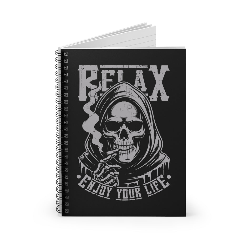 A black spiral-bound notebook featuring a distressed white graphic of a hooded skull smoking, with the text 'RELAX' and 'ENJOY YOUR LIFE' on the cover, shown on a white background.