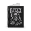 A black spiral-bound notebook featuring a distressed white graphic of a hooded skull smoking, with the text 'RELAX' and 'ENJOY YOUR LIFE' on the cover, shown on a white background.