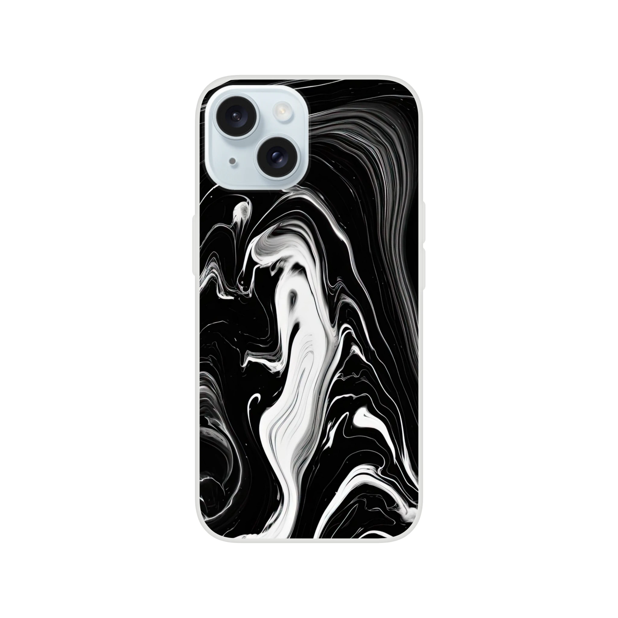 Phone case with black and white abstract design on a white background