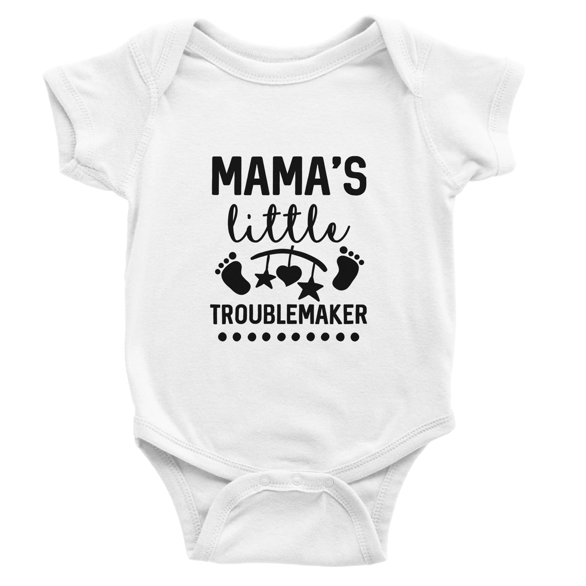 White baby onesie with 'Mama's little Troublemaker' text and footprints on a white background