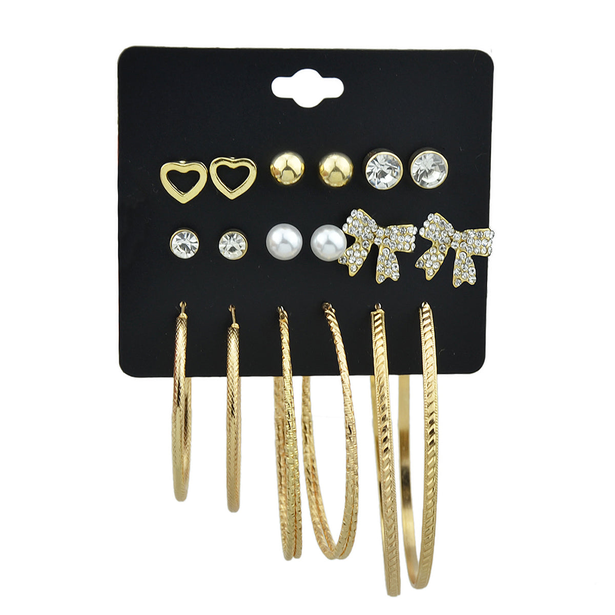 9 pairs Earrings set Rhinstone Ball Pearl Heart Bow Stud Gold Silver Hoop Jewelry