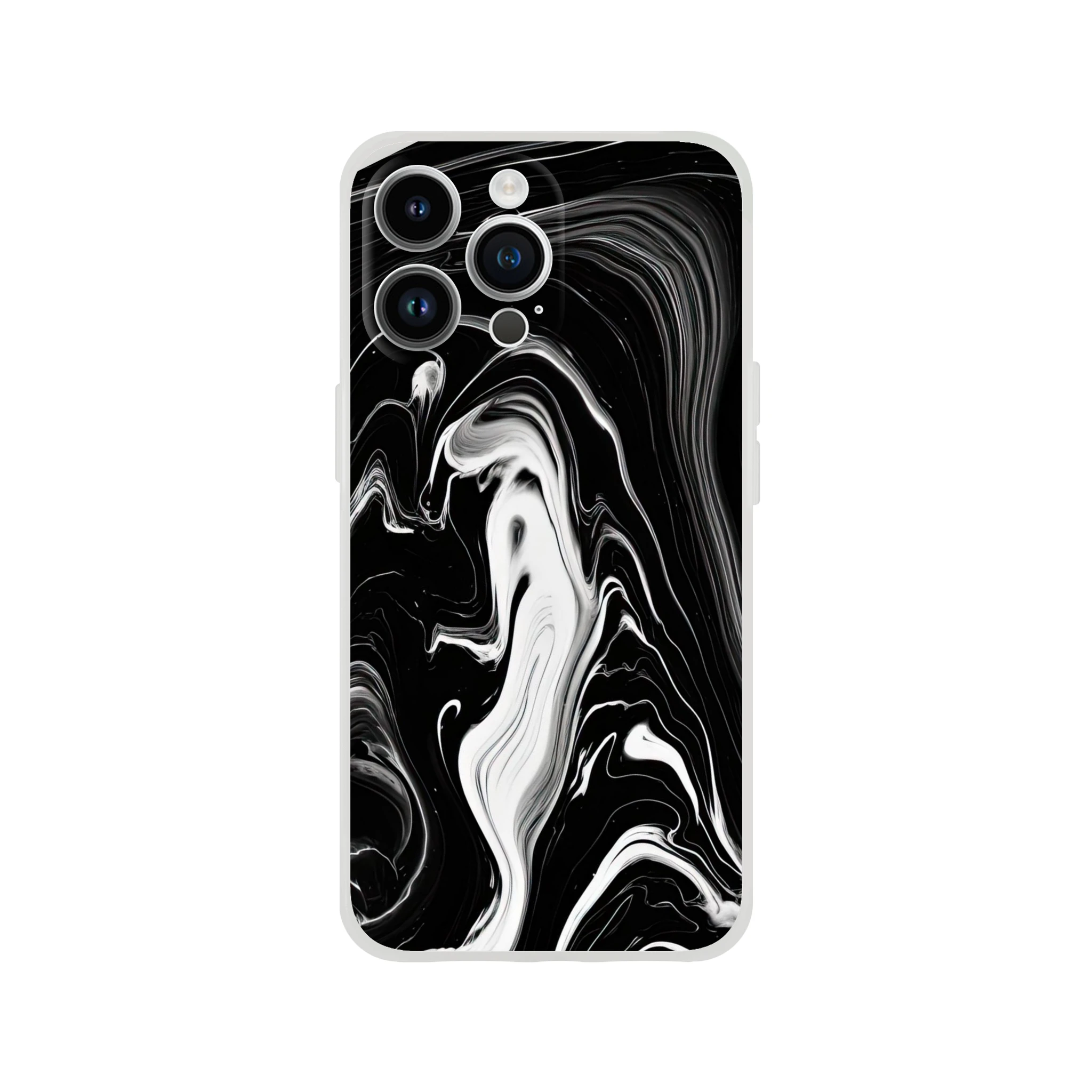 Phone case with black and white marble pattern on a white background