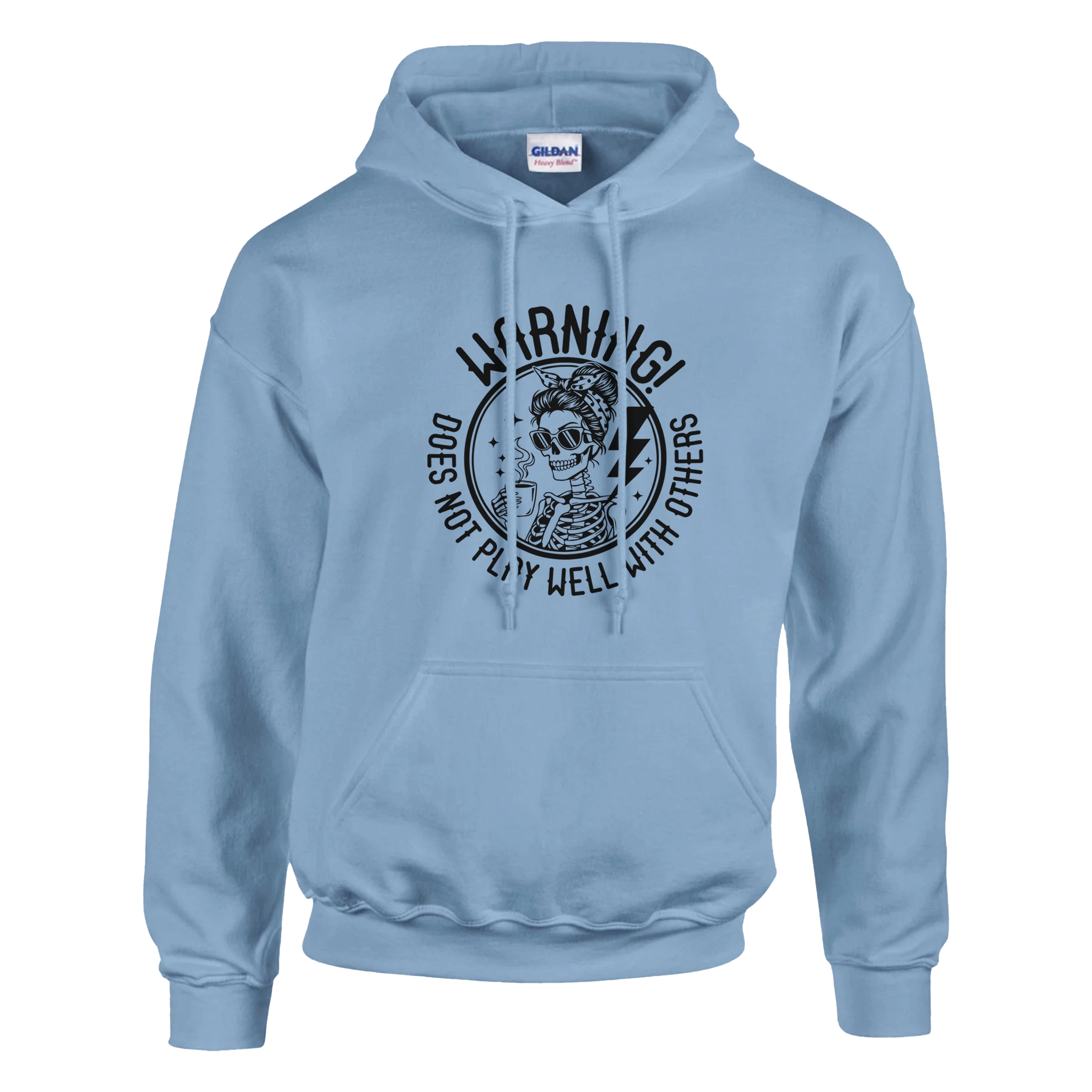Light blue hoodie with black graphic and text on a white background