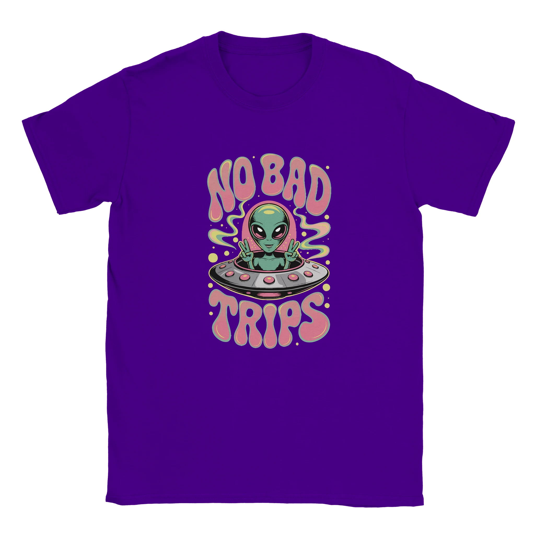 Purple t-shirt with alien graphic and 'No Bad Trips' text on a white background