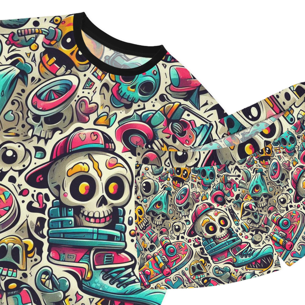 A close-up of a short-sleeve t-shirt featuring an all-over colorful graphic print of skulls, sneakers, and graffiti-style doodles on a light beige background.