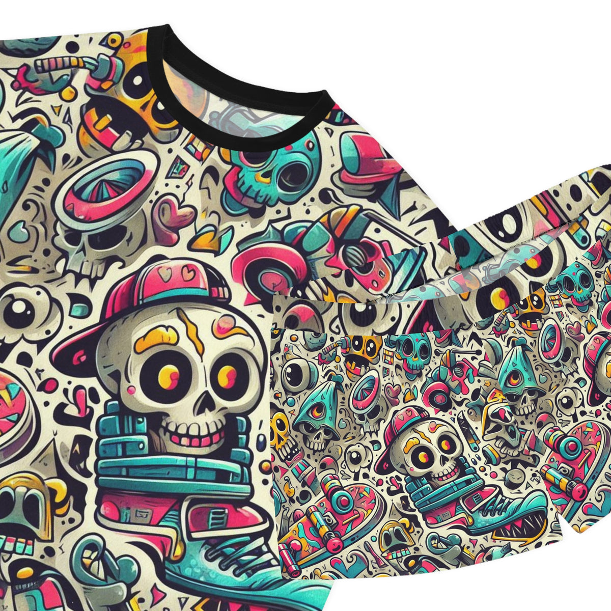 A close-up of a short-sleeve t-shirt featuring an all-over colorful graphic print of skulls, sneakers, and graffiti-style doodles on a light beige background.