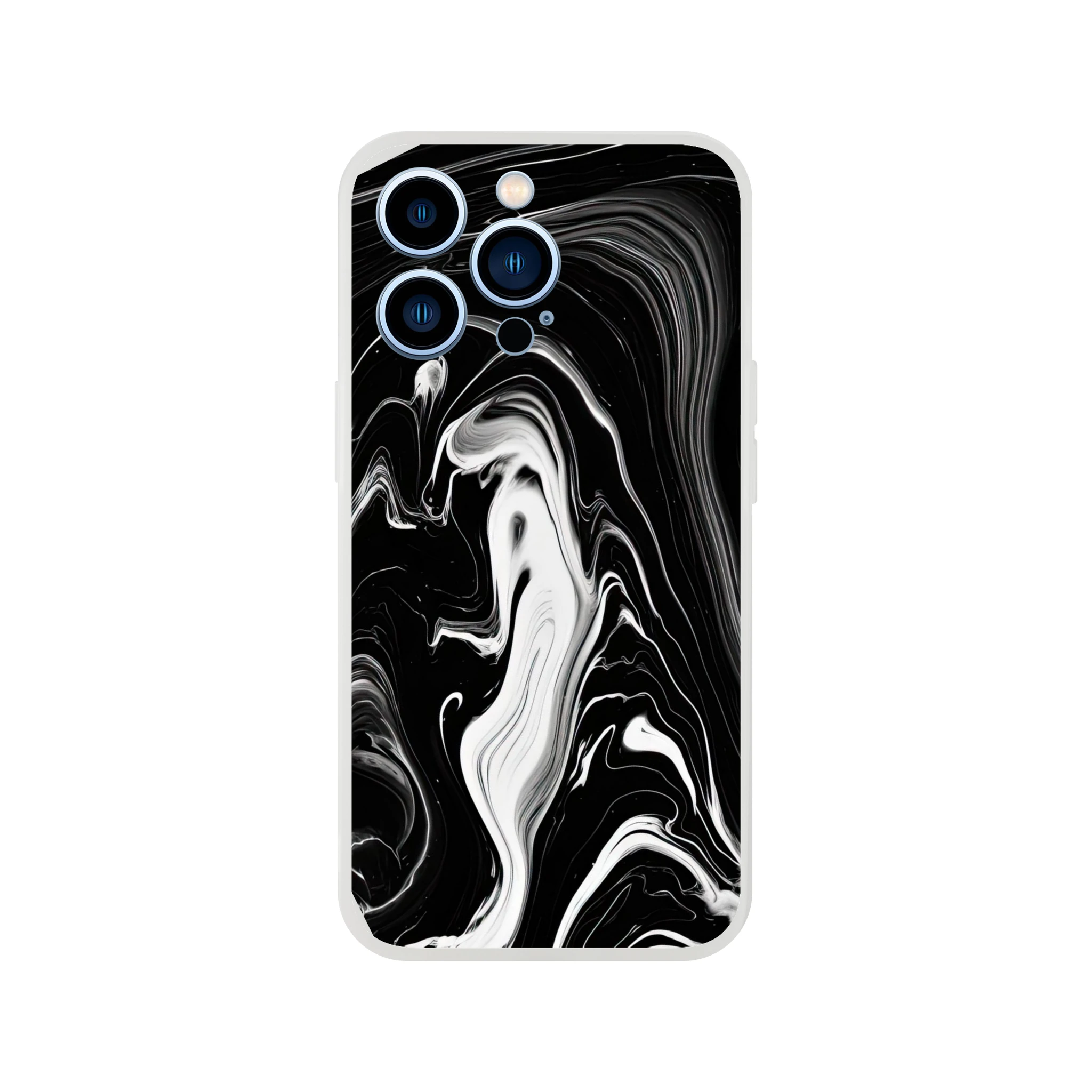 Phone case with black and white abstract design on a white background