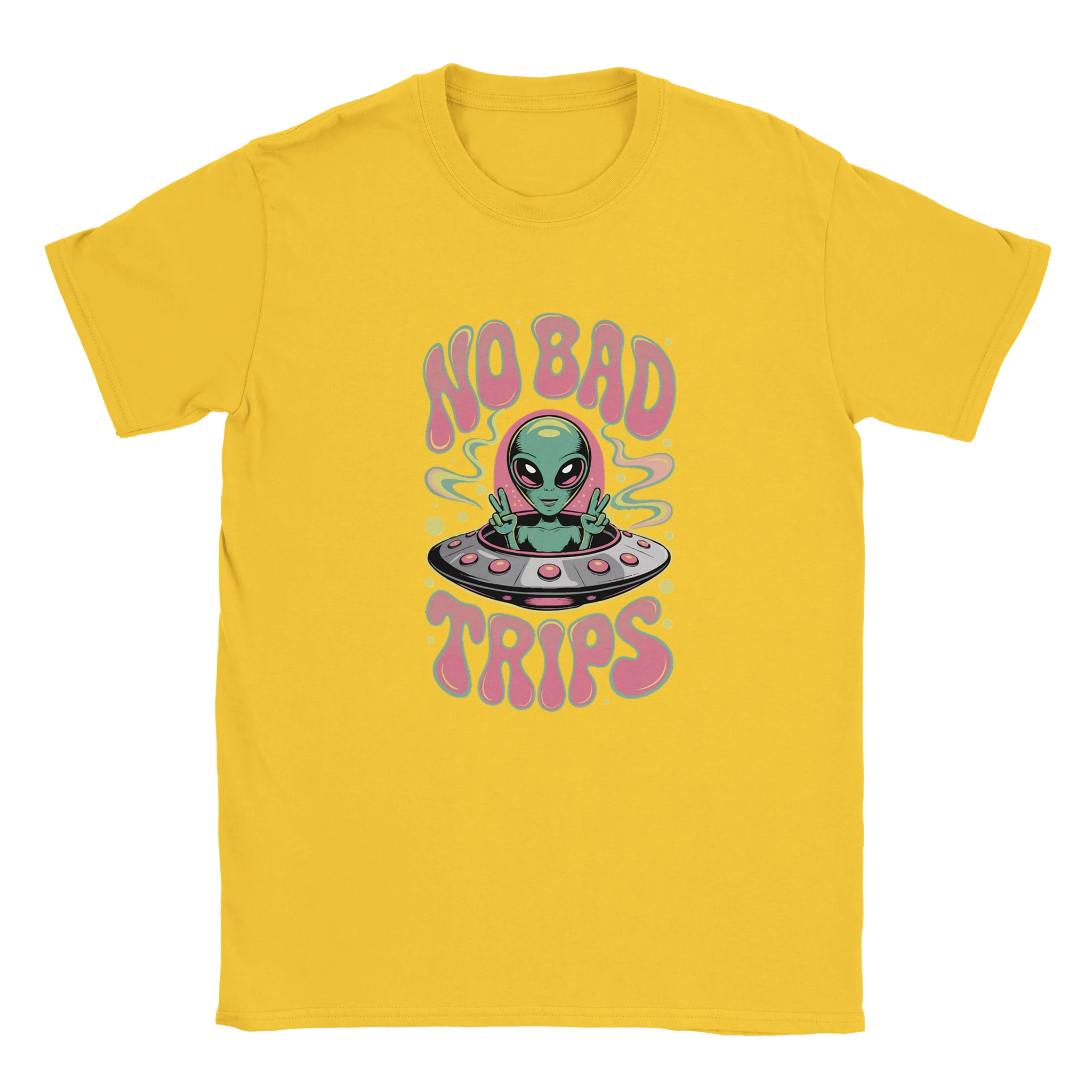 Yellow t-shirt with an alien and 'No Bad Trips' text design on a white background