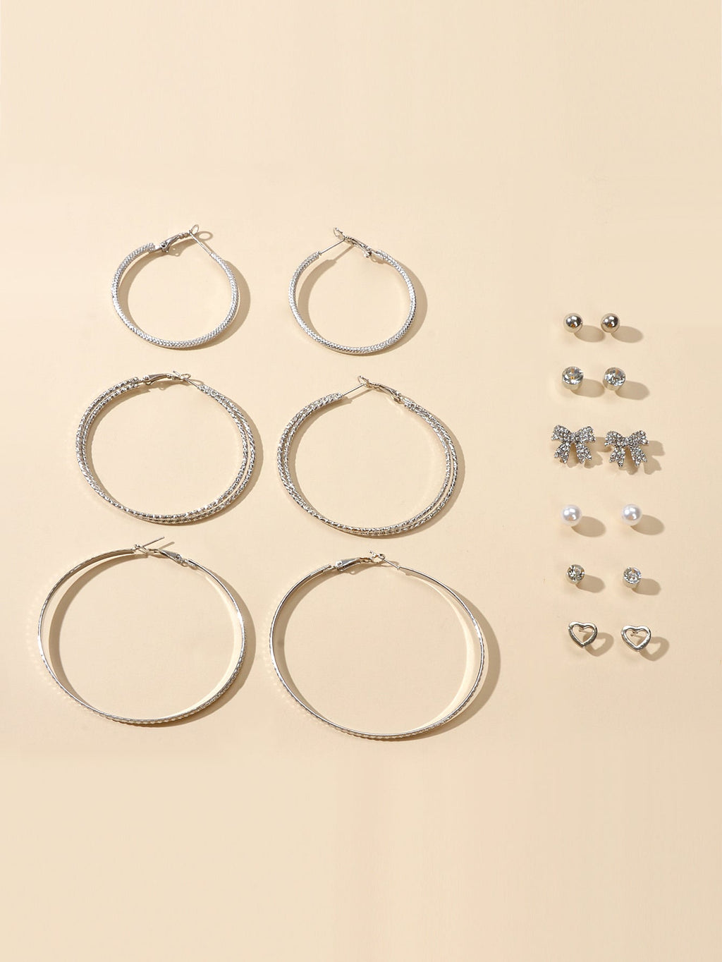 9 pairs Earrings set Rhinstone Ball Pearl Heart Bow Stud Gold Silver Hoop Jewelry