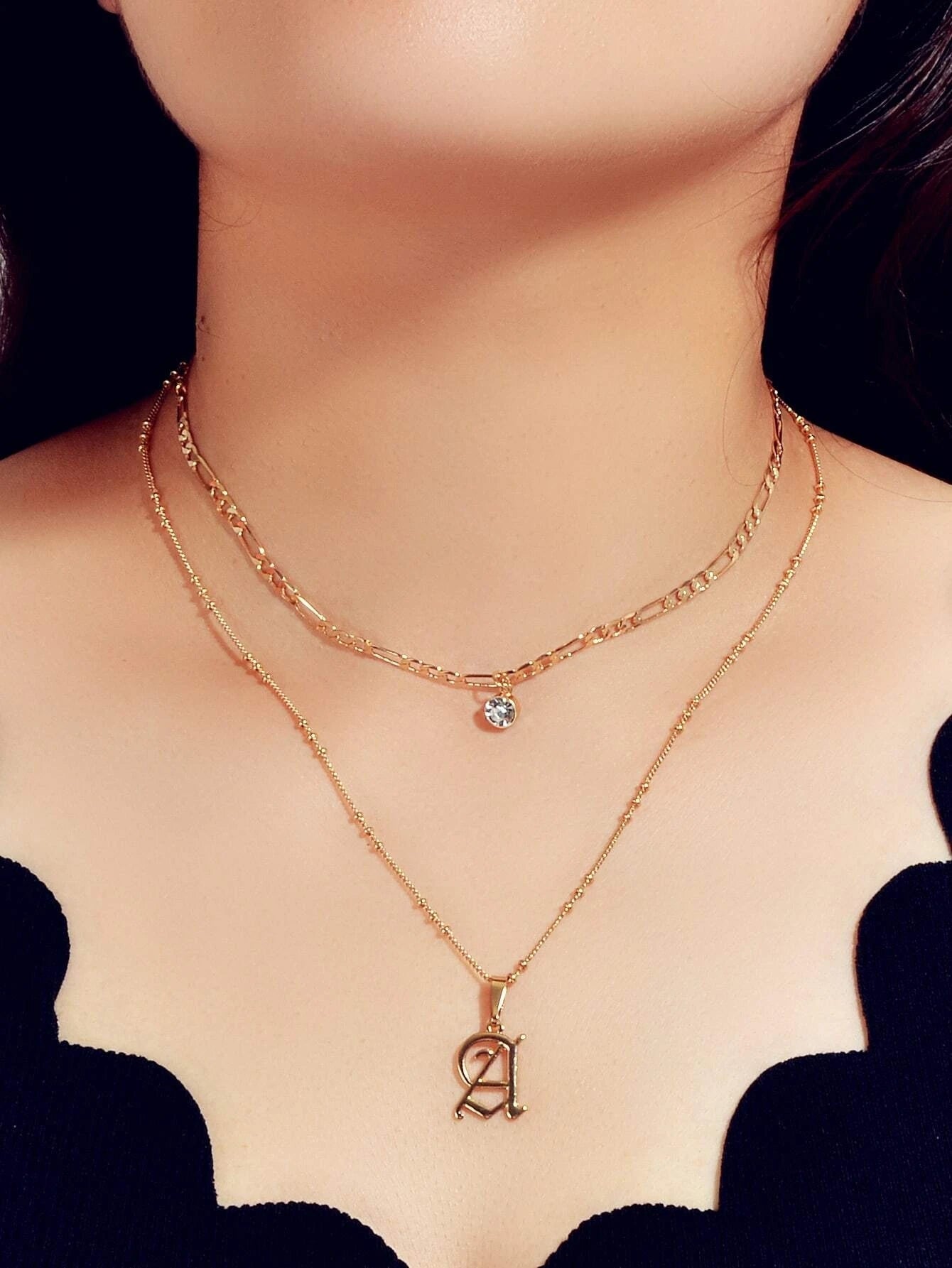 2 pcs Gold Chain Rhinestone Letter A Pendant Double Layer Necklace Women Jewelry