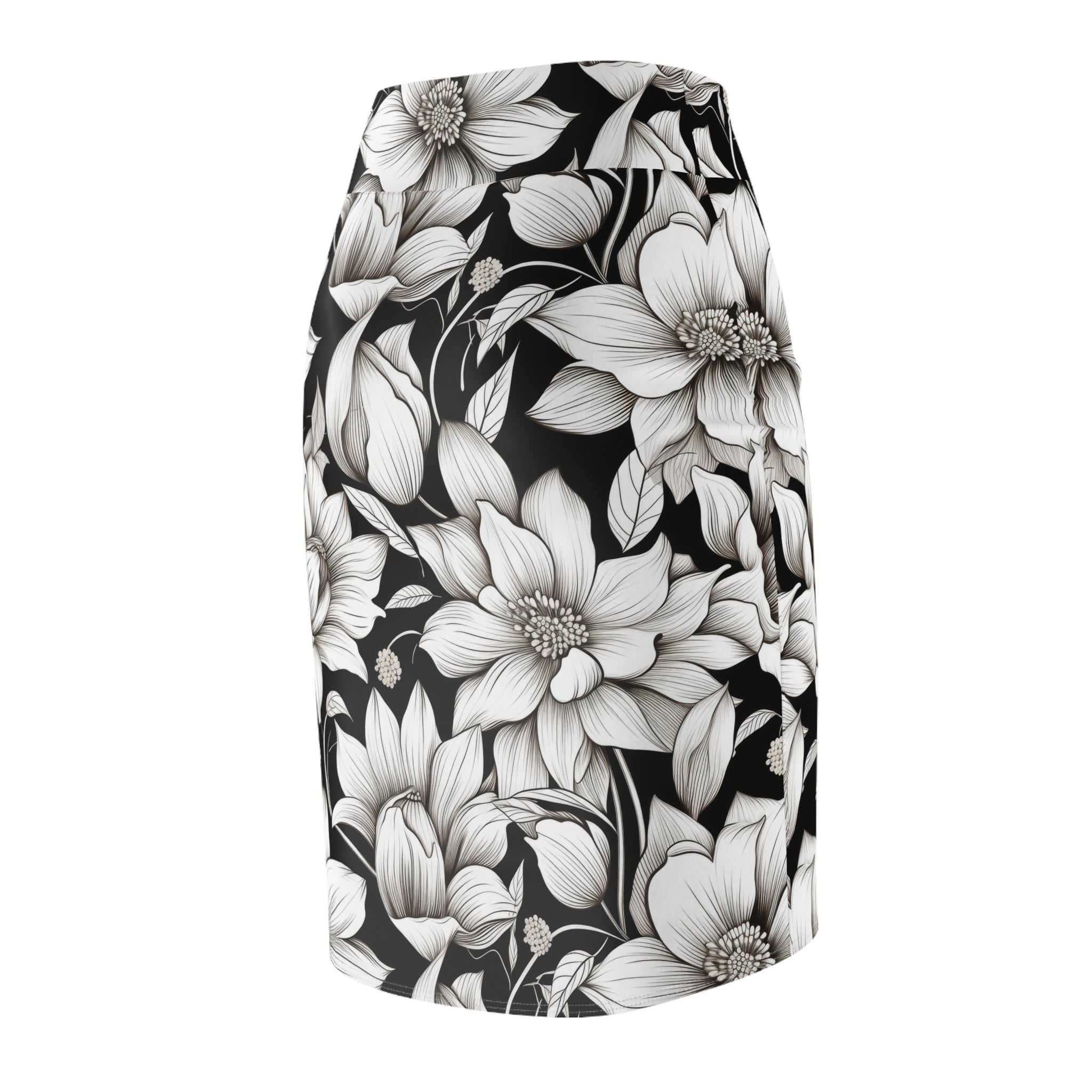 A black pencil skirt featuring a large-scale black and white floral print, shown against a plain white background.
