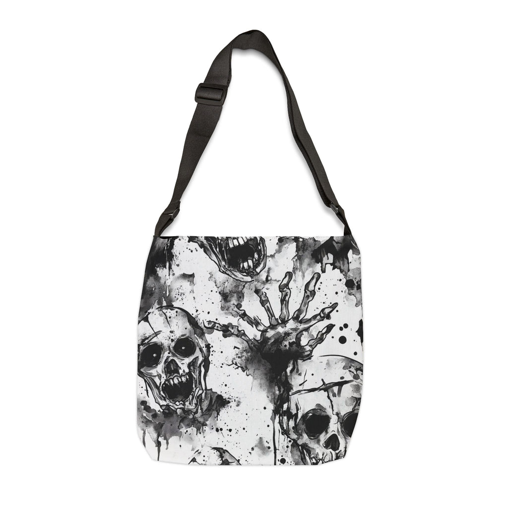Crossbody bag with black and white skull design on a white background