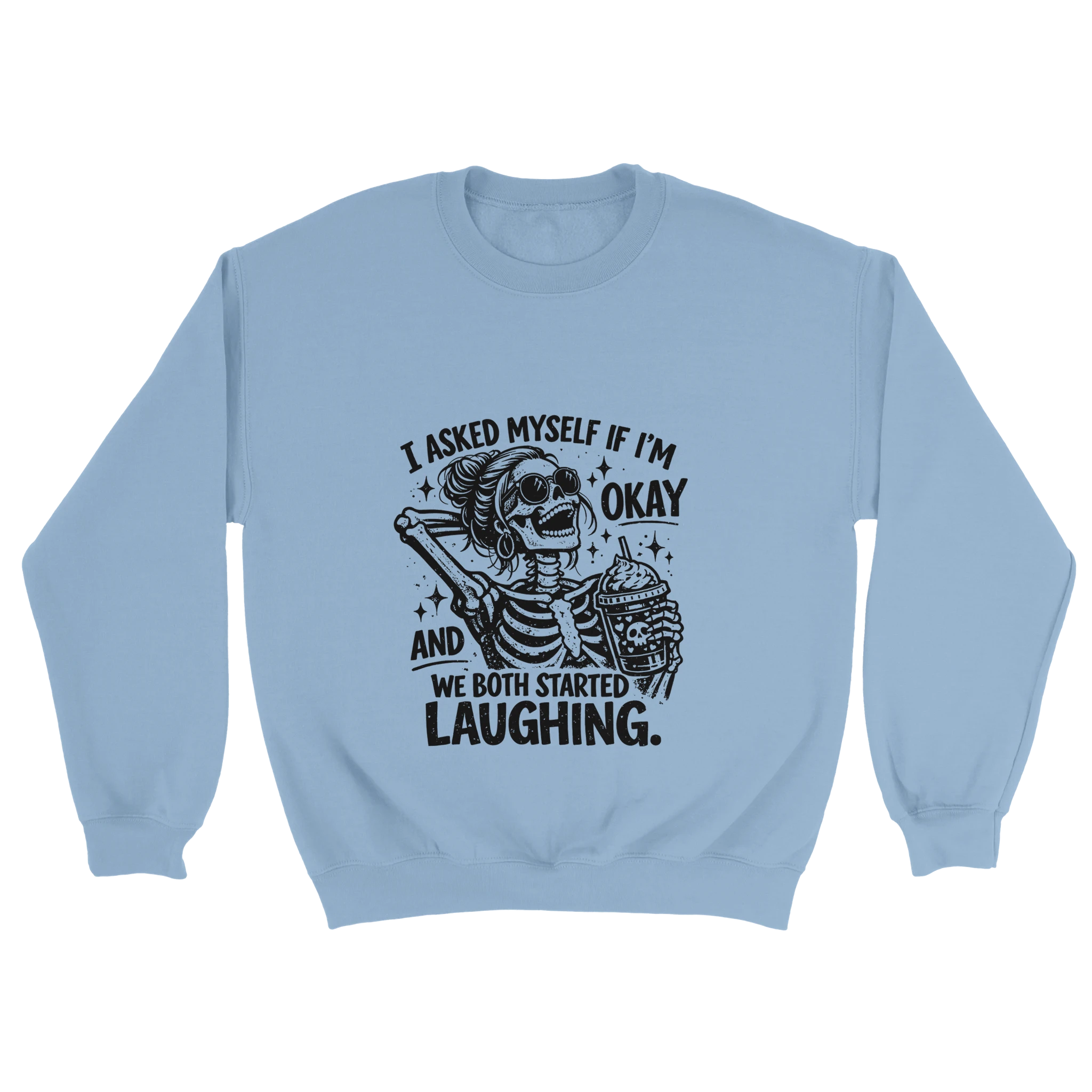 Light blue sweatshirt with skeleton graphic and text on a white background