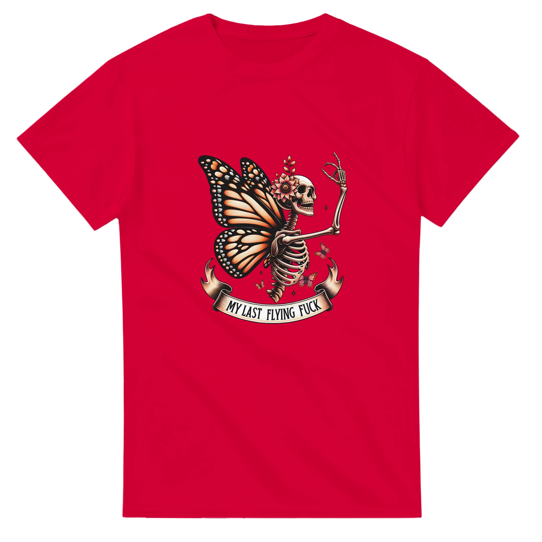 Red t-shirt with a skeleton butterfly design and text on a white background