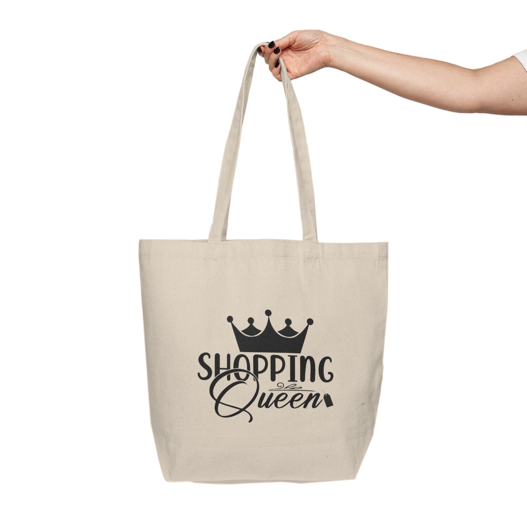 Beige tote bag with 'Shopping Queen' text and crown graphic on a white background