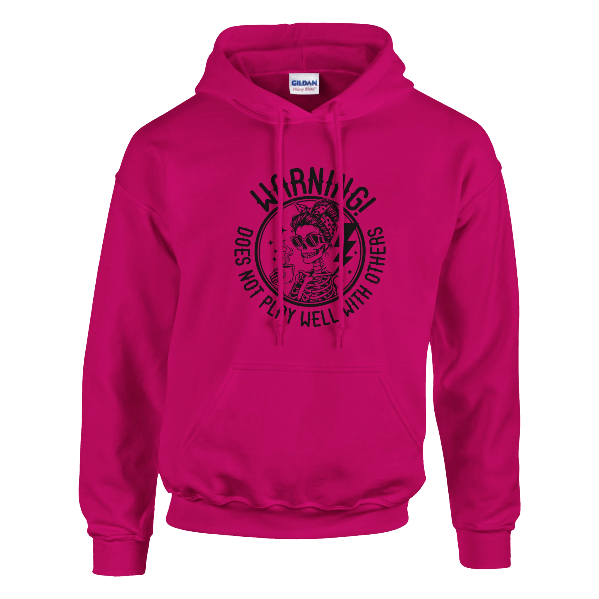 Pink hoodie with black graphic and text on a white background