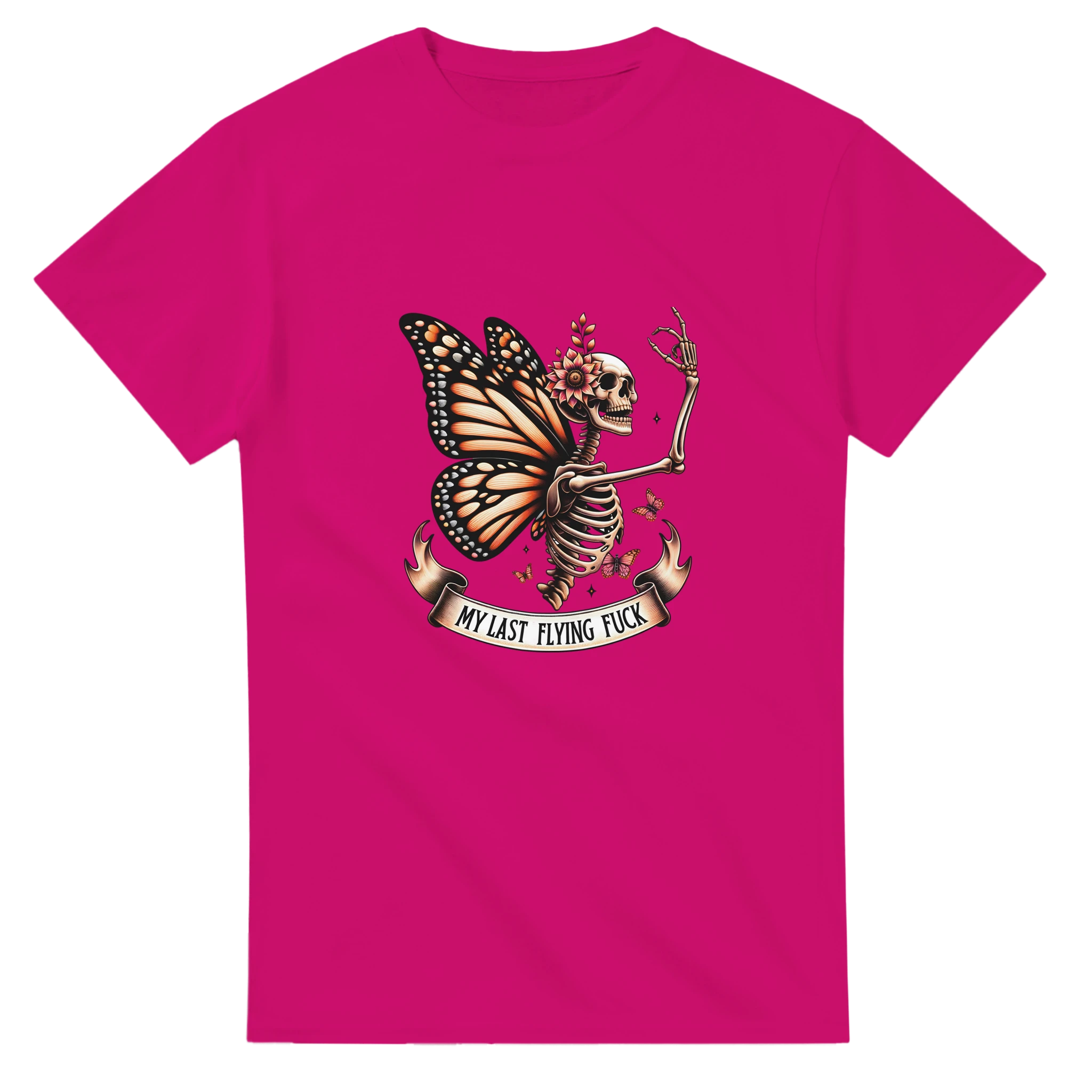 Pink t-shirt with a skeleton and butterfly design on a white background