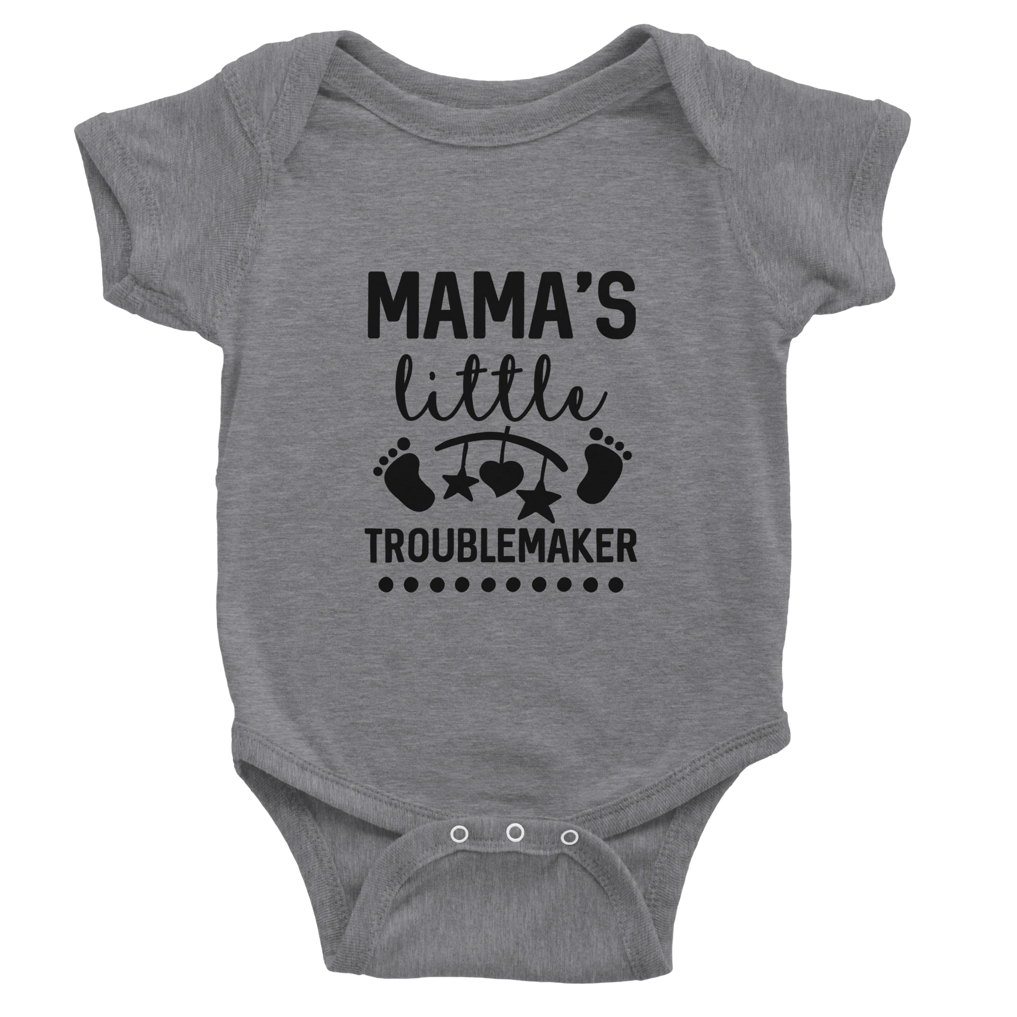 Gray baby onesie with 'Mama's little troublemaker' text and footprints on a white background