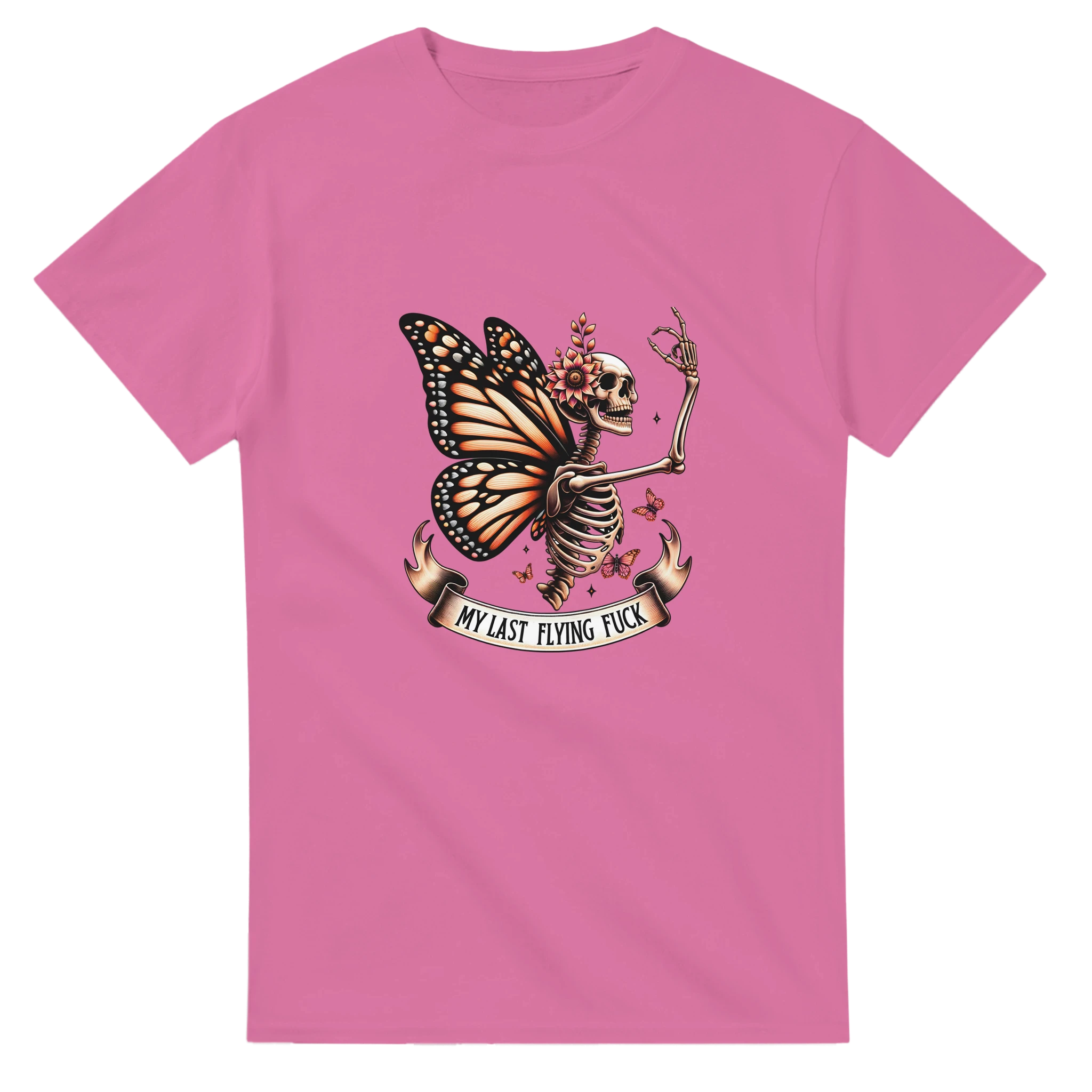 Pink t-shirt with a skeleton butterfly design and text on a white background