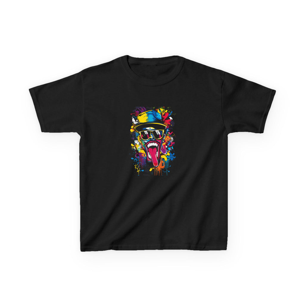 Black t-shirt with a colorful graphic design on a white background